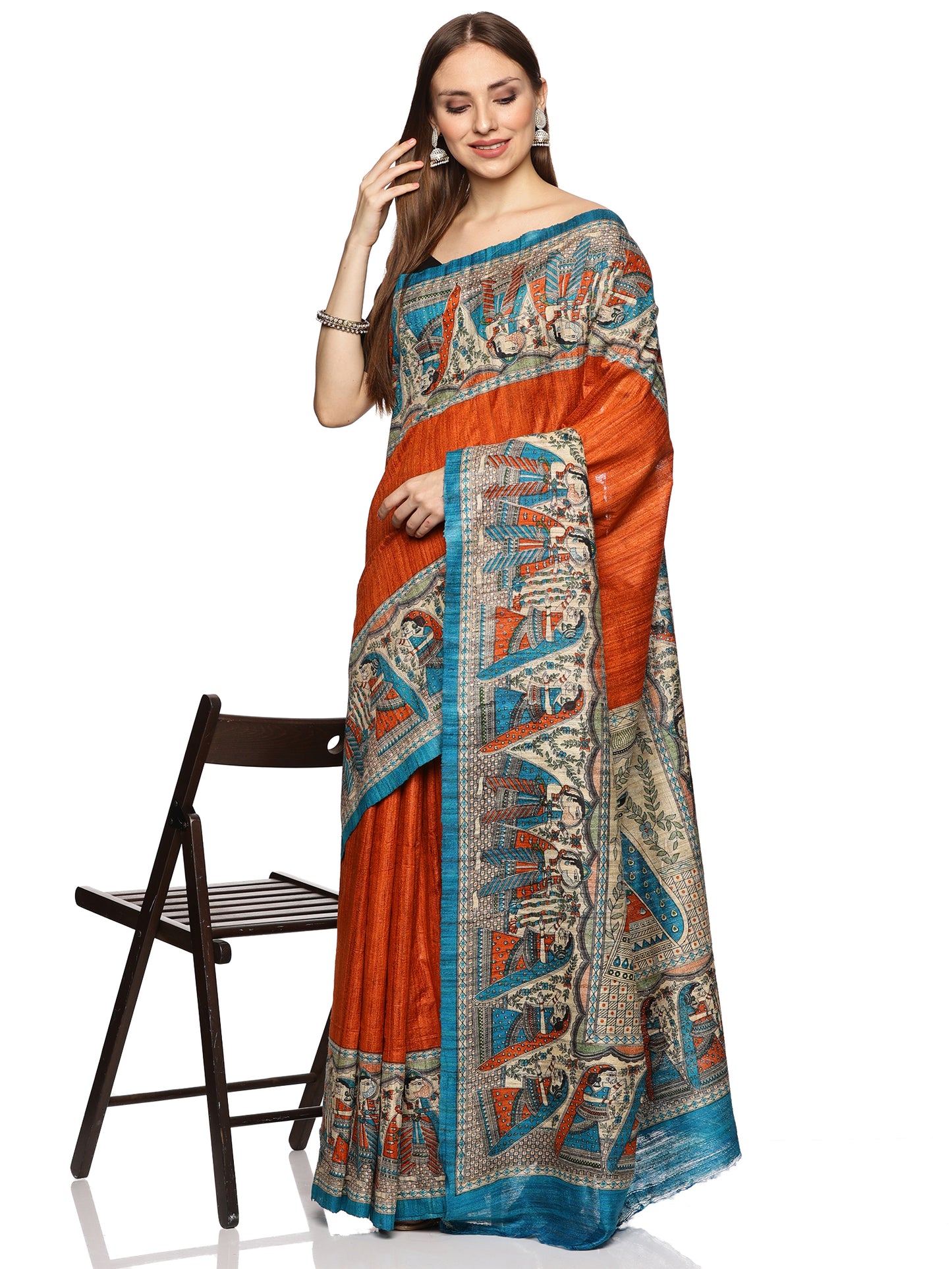 Orange & Blue border Pure Ghicha Tussar Saree