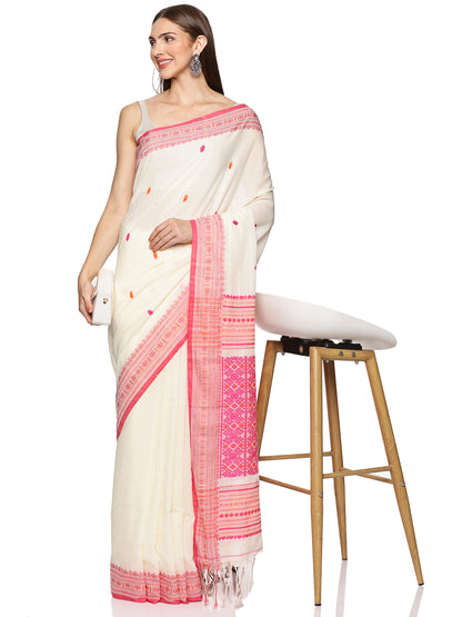 White Pink Handwoven Kadi Cotton Saree