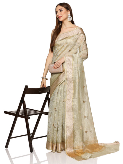 White and Gold Crushed Tissue Banarasi Saree