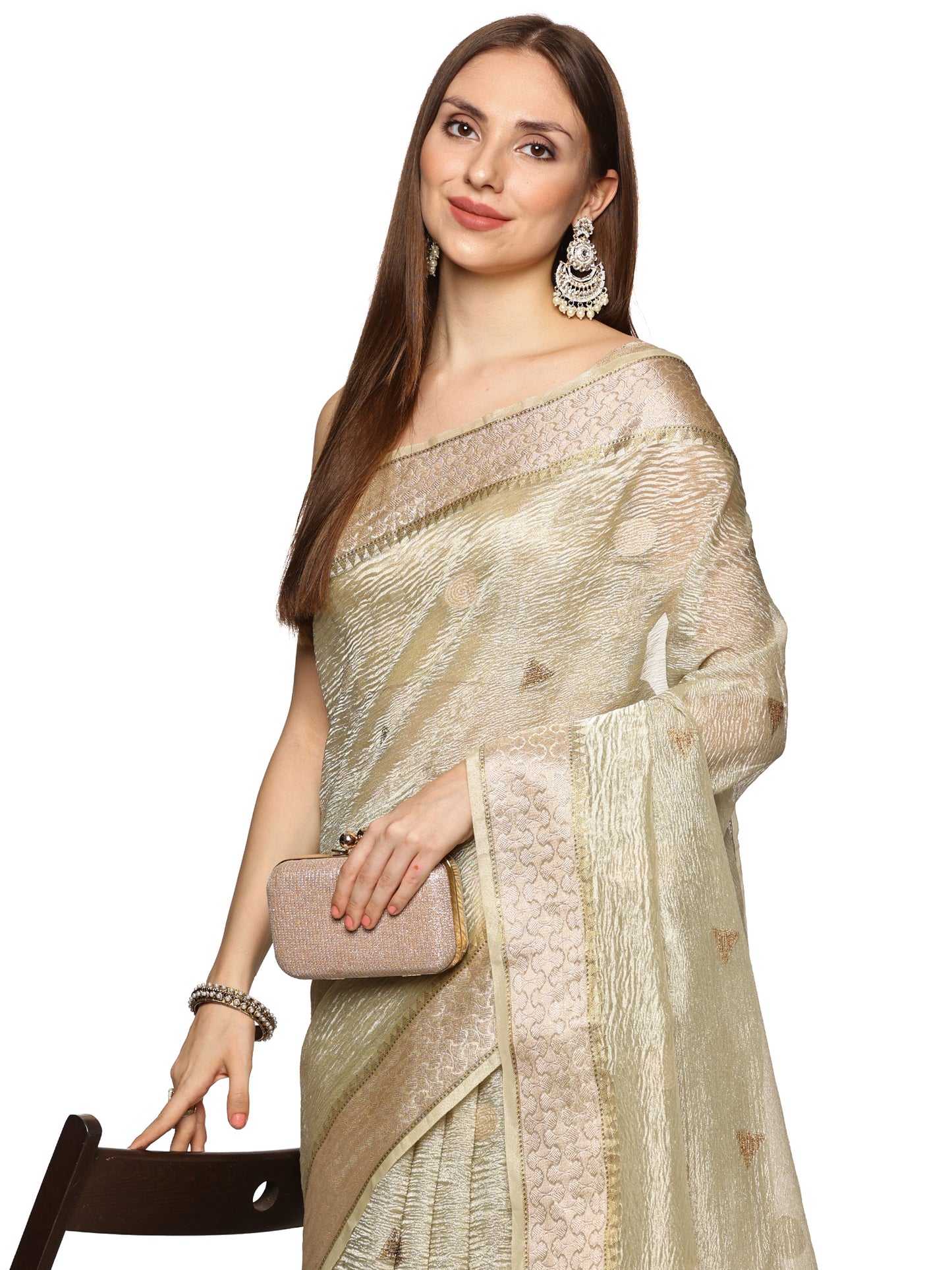 White and Gold Crushed Tissue Banarasi Saree