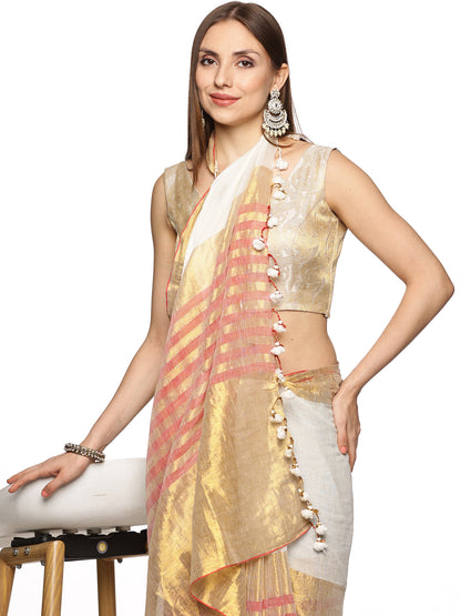 Gold White Malmal Cotton Jari Designer Saree