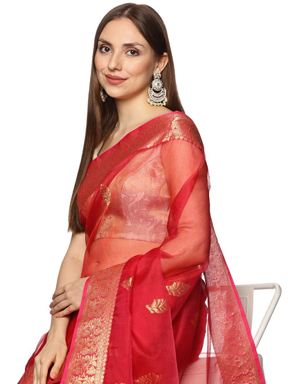 Pink Red Muslin Silk Jamdani Saree