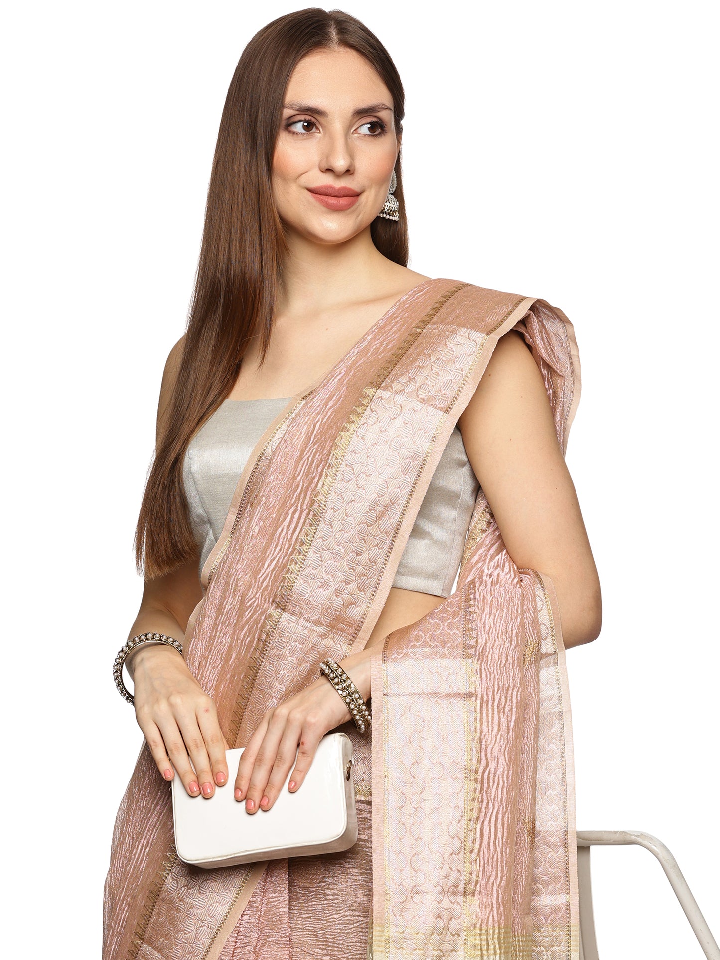 Pink & Silver Crushed Tissue Banarasi Saree