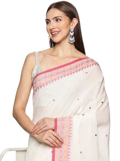 White Pink Handwoven Kadi Cotton Saree