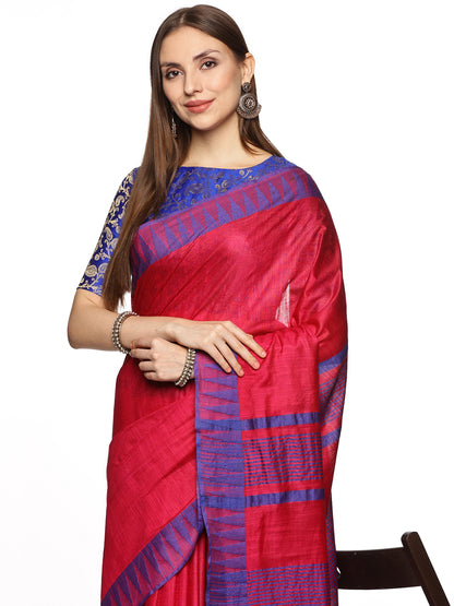 Red & Blue Pure Cotton Silk temple Border Saree