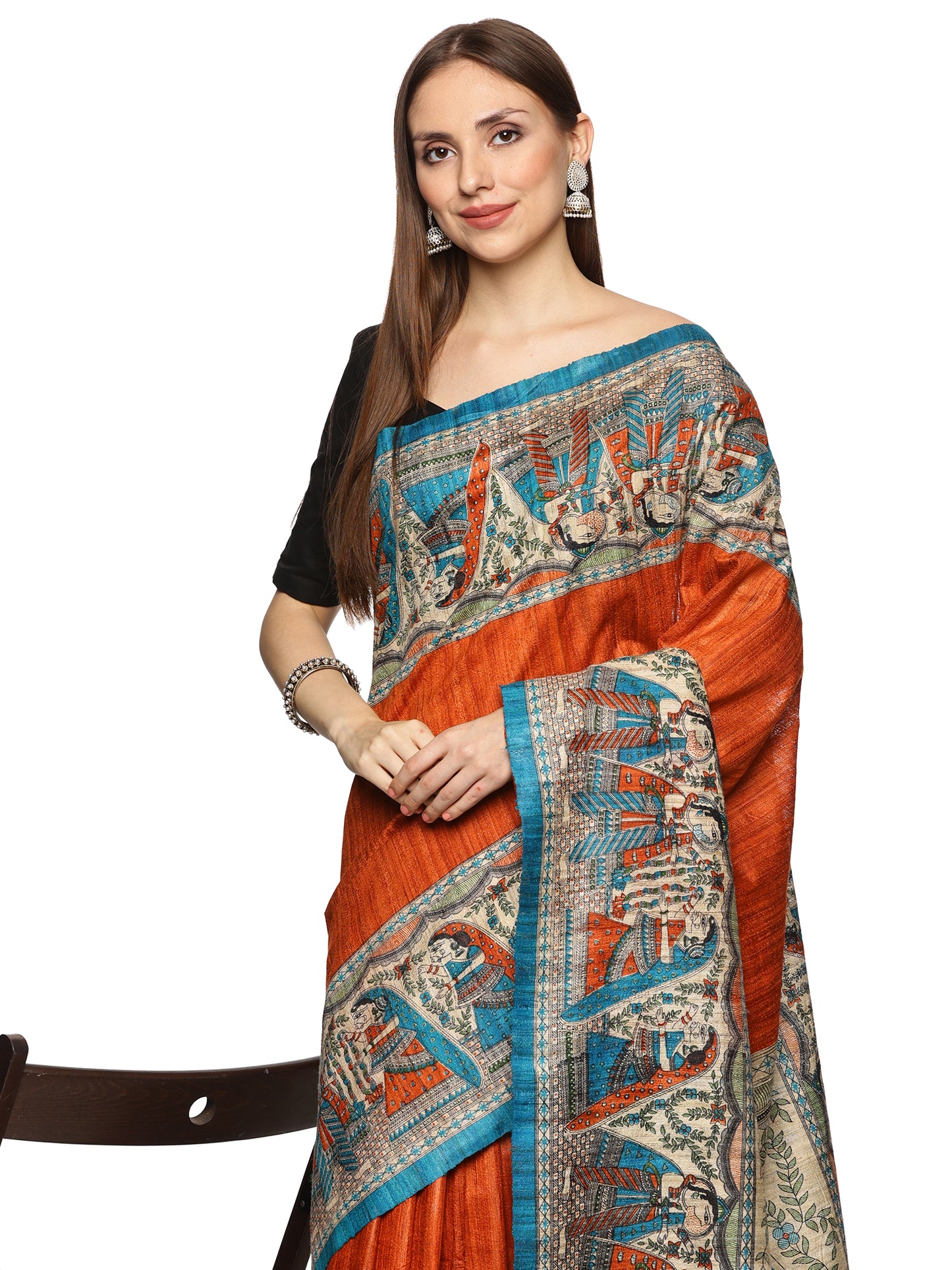 Orange & Blue border Pure Ghicha Tussar Saree