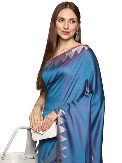 Blue Temple Border  Pure Silk Banarasi Saree