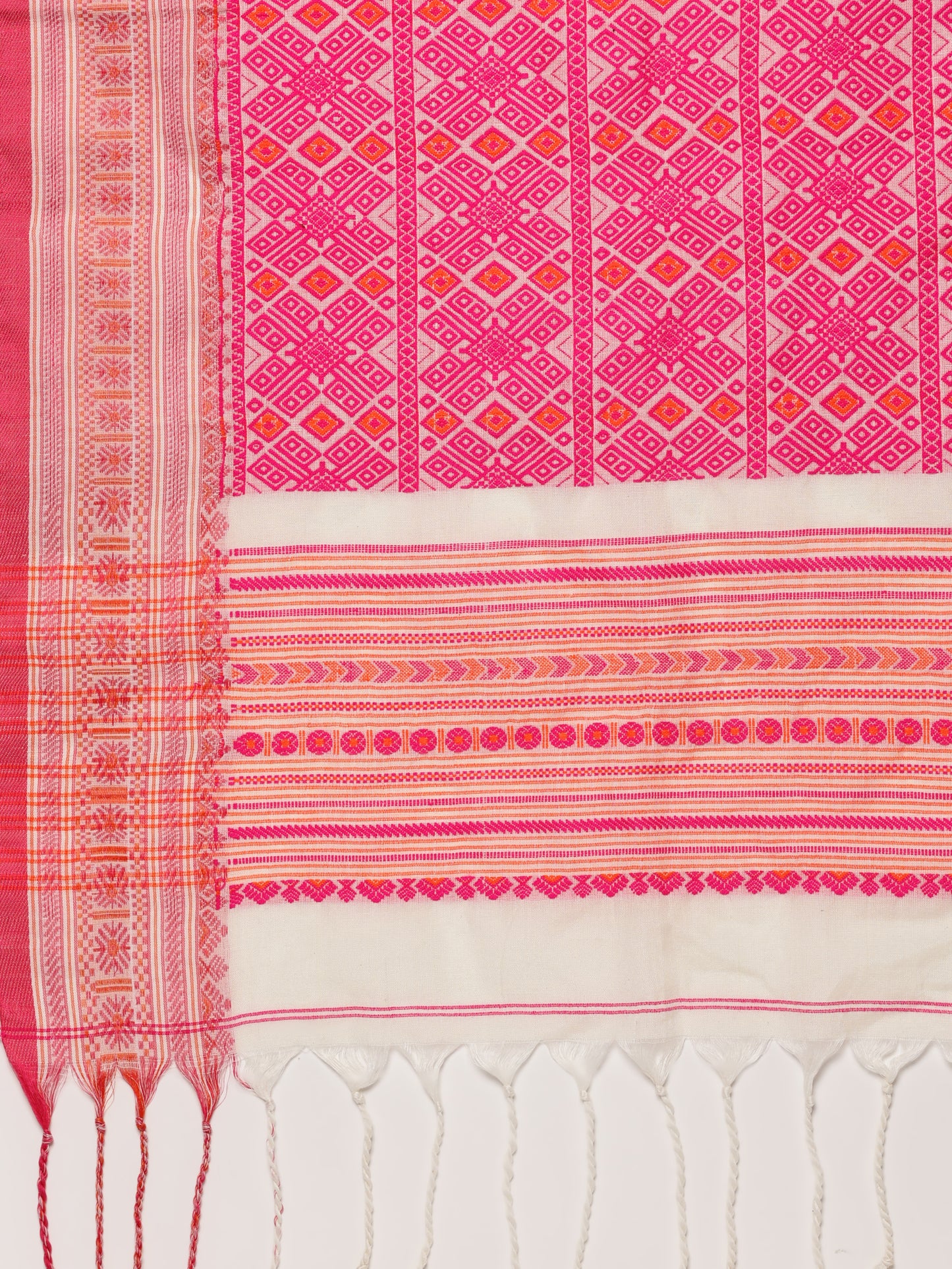 White Pink Handwoven Kadi Cotton Saree