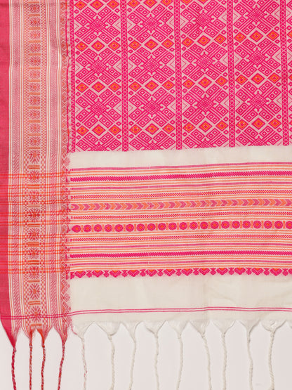 White Pink Handwoven Kadi Cotton Saree