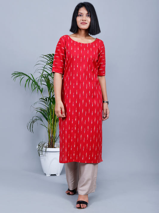 Red Ikat Simple Round Neck Kurta