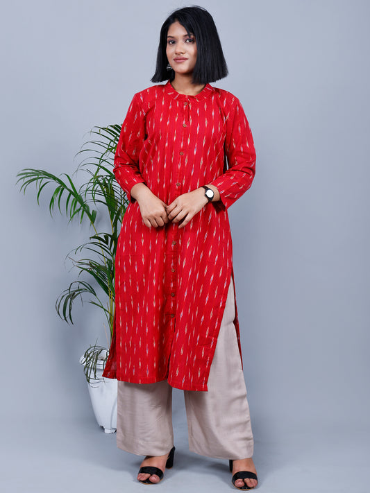 Red Ikat Long Kurthi Collar Kurta