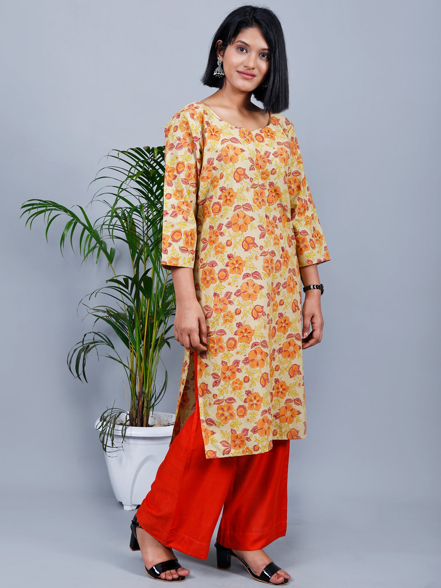 Pista Green Floral Hand Block Printed Kurta