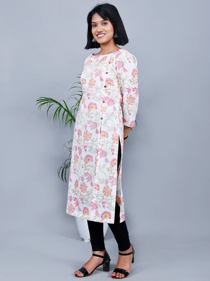 White & Pink Floral Designer kurta