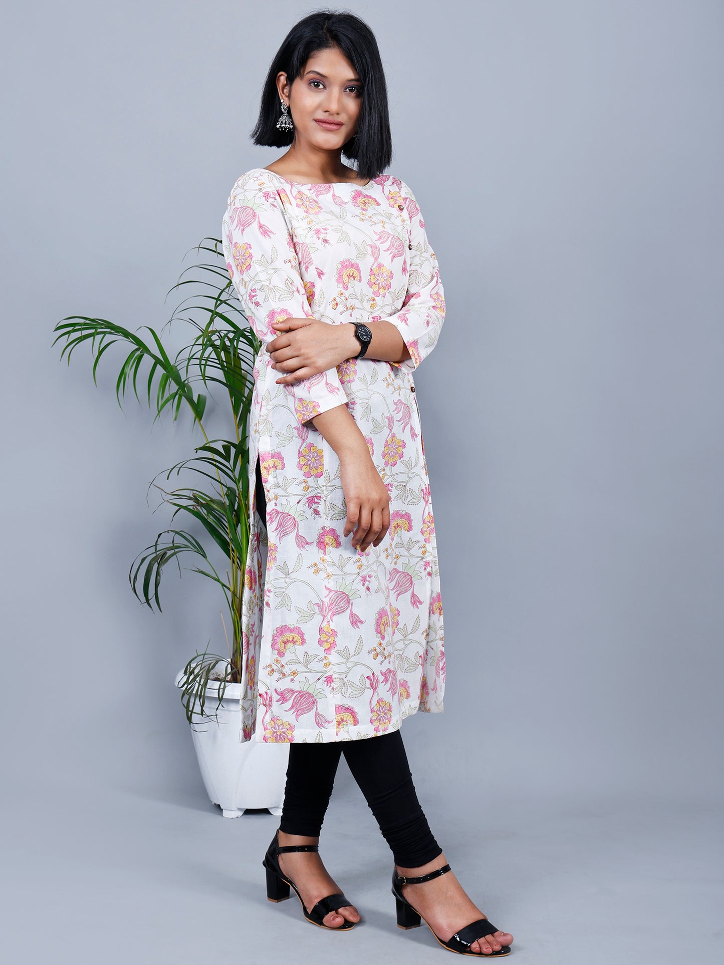 White & Pink Floral Designer kurta