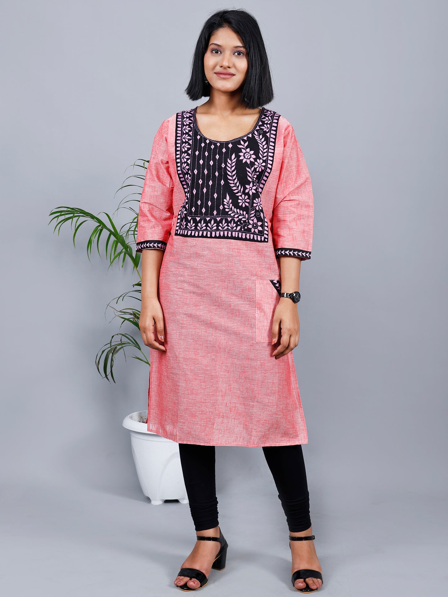 Carrot Pink Kantha Kurta