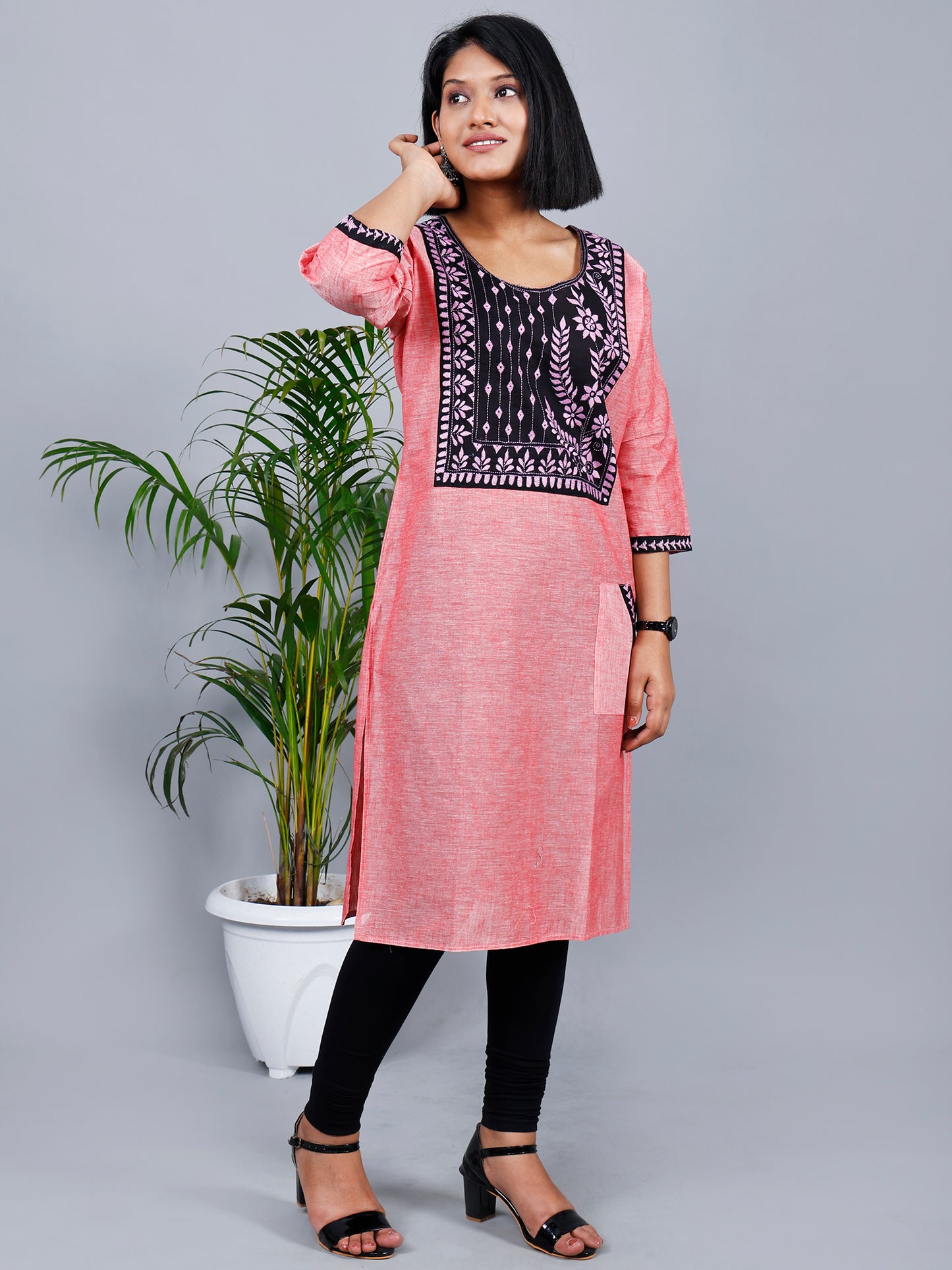 Carrot Pink Kantha Kurta