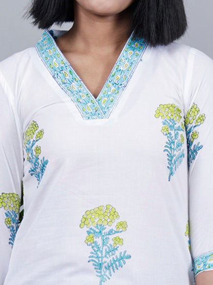 White & Green Thoka Phool Hand Block Print Kurta