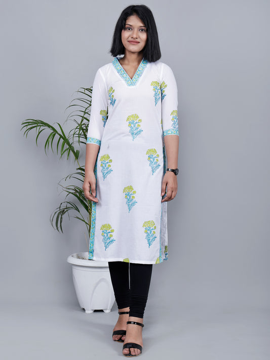 White & Green Thoka Phool Block Print Kurta