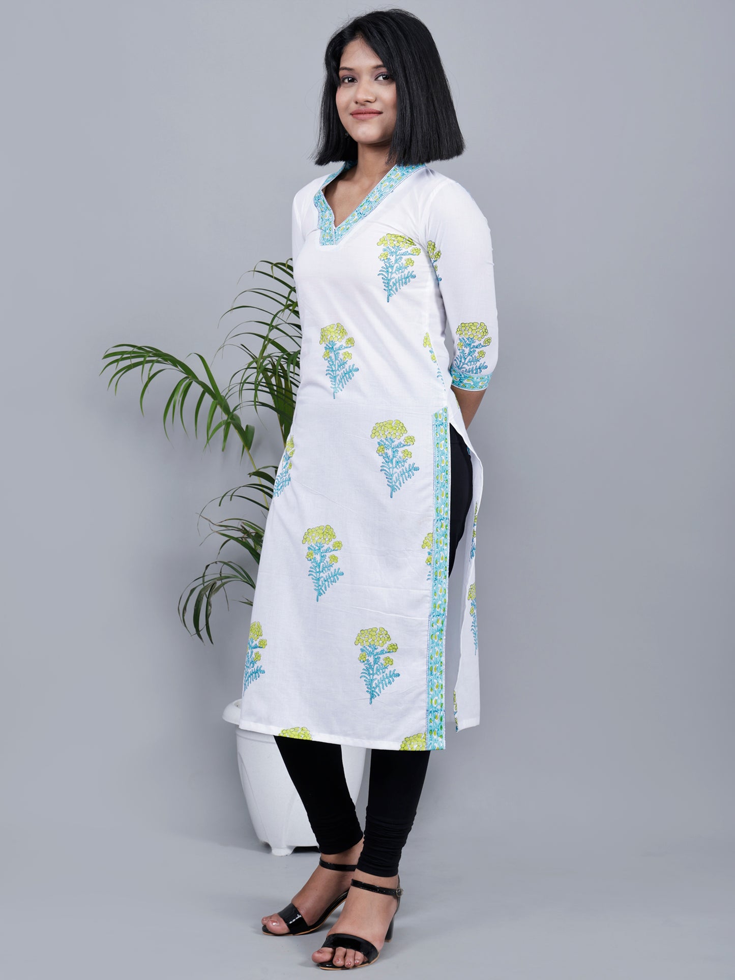 White & Green Thoka Phool Hand Block Print Kurta