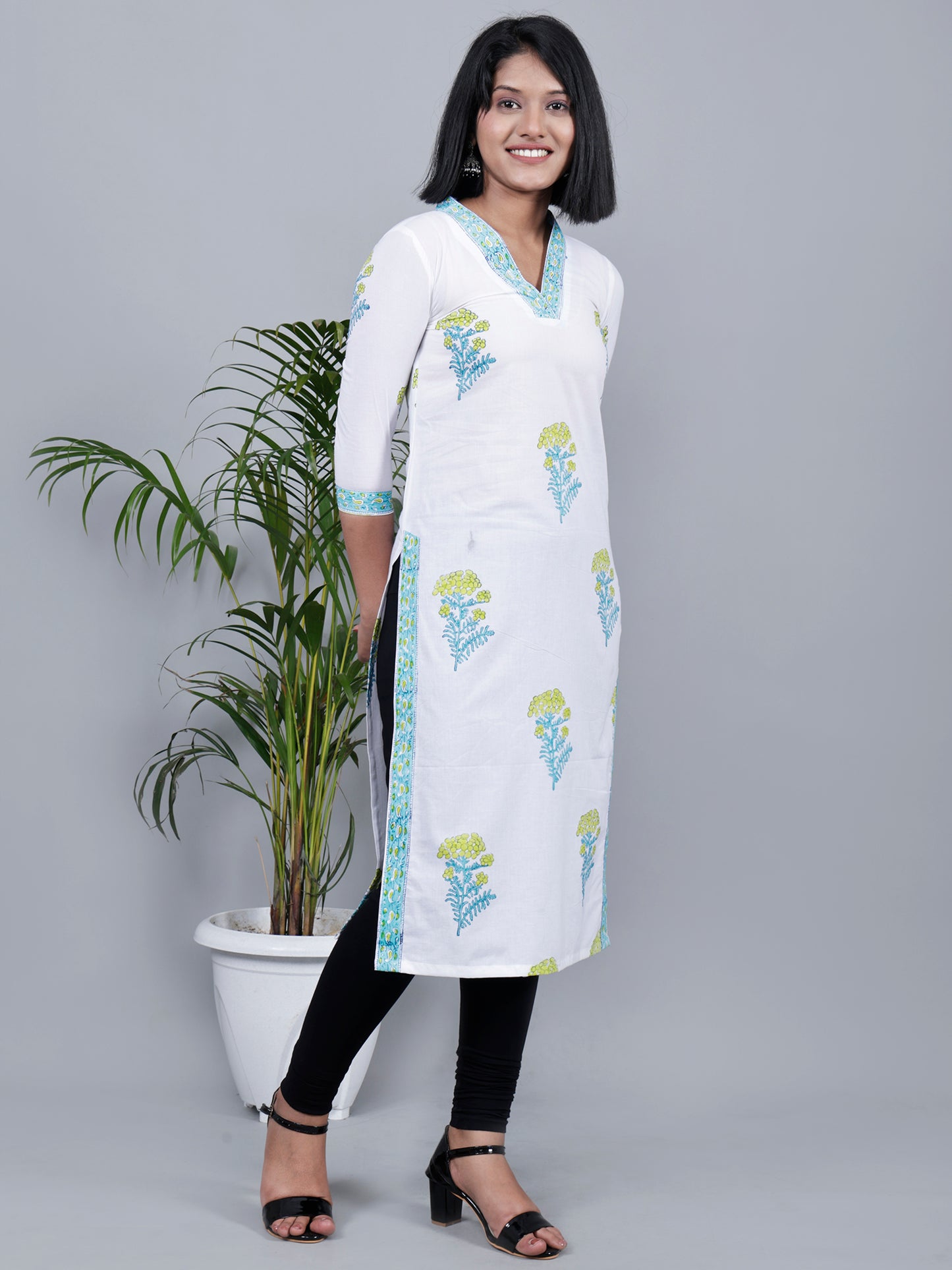 White & Green Thoka Phool Hand Block Print Kurta