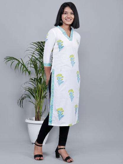 White & Green Thoka Phool Hand Block Print Kurta