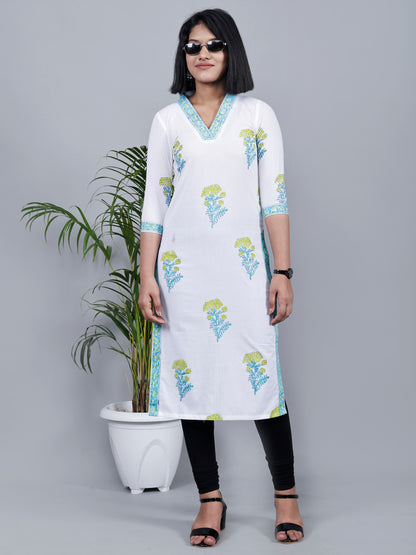 White & Green Thoka Phool Hand Block Print Kurta