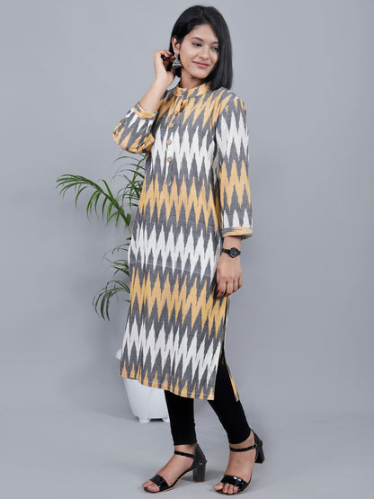 Grey And Yellow Band Collar Kurta