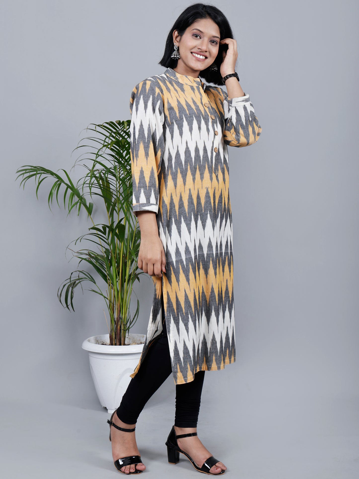 Grey And Yellow Band Collar Kurta