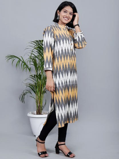 Grey And Yellow Band Collar Kurta