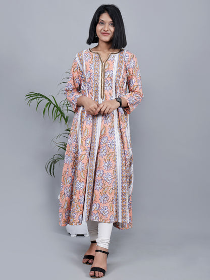 Pink Hand Block Printed Kalidar kurta