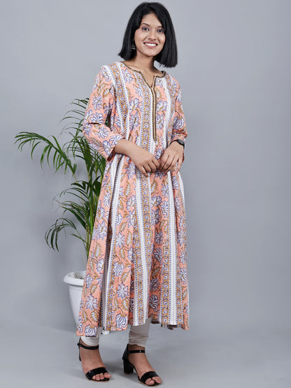 Pink Hand Block Printed Kalidar kurta