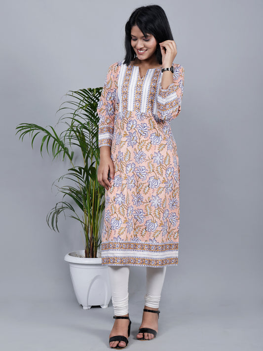 Pink Hand Block Printed Straight Kurta