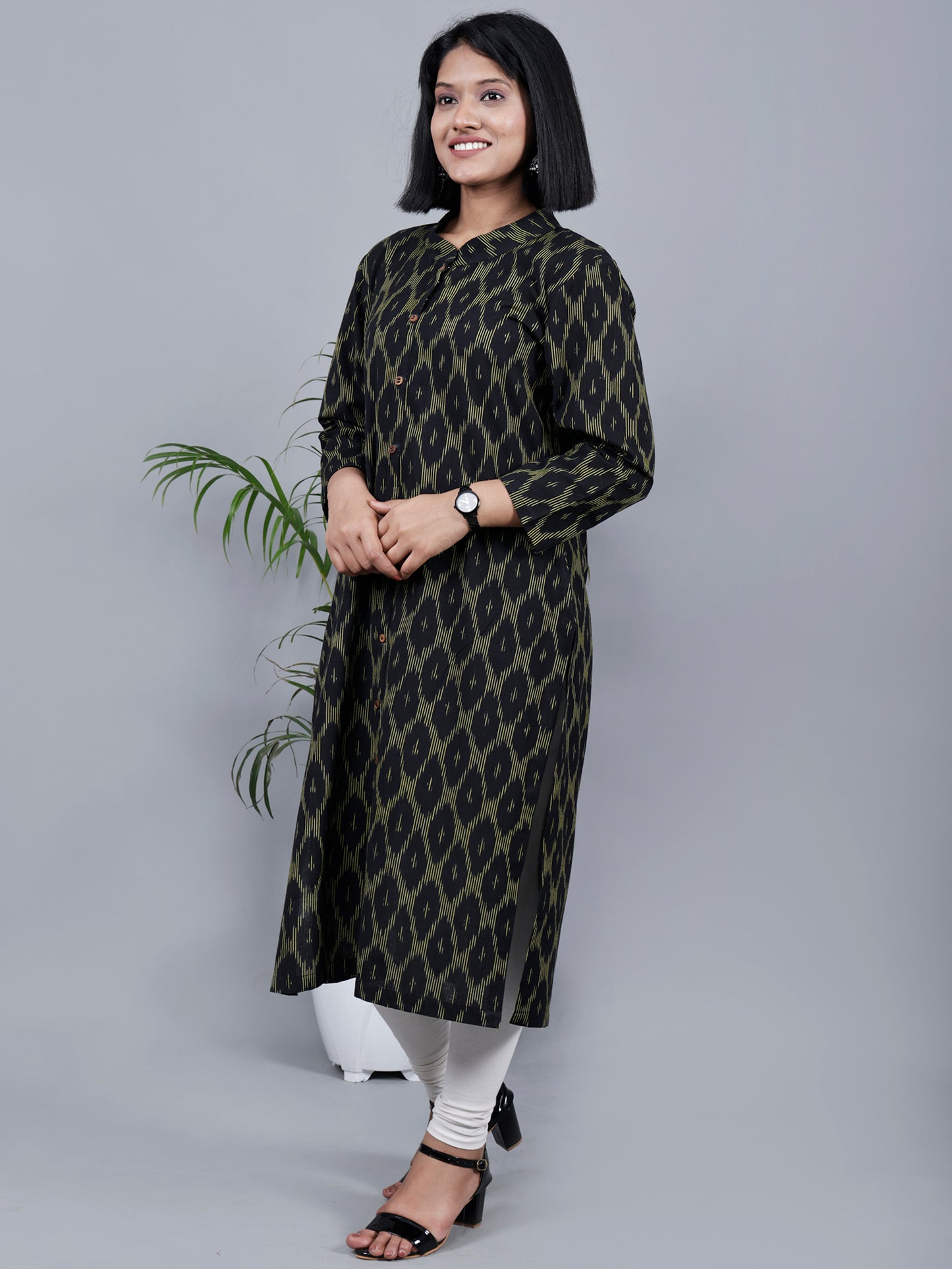 Black & Yellow Pure Ikat Fabric Kurta