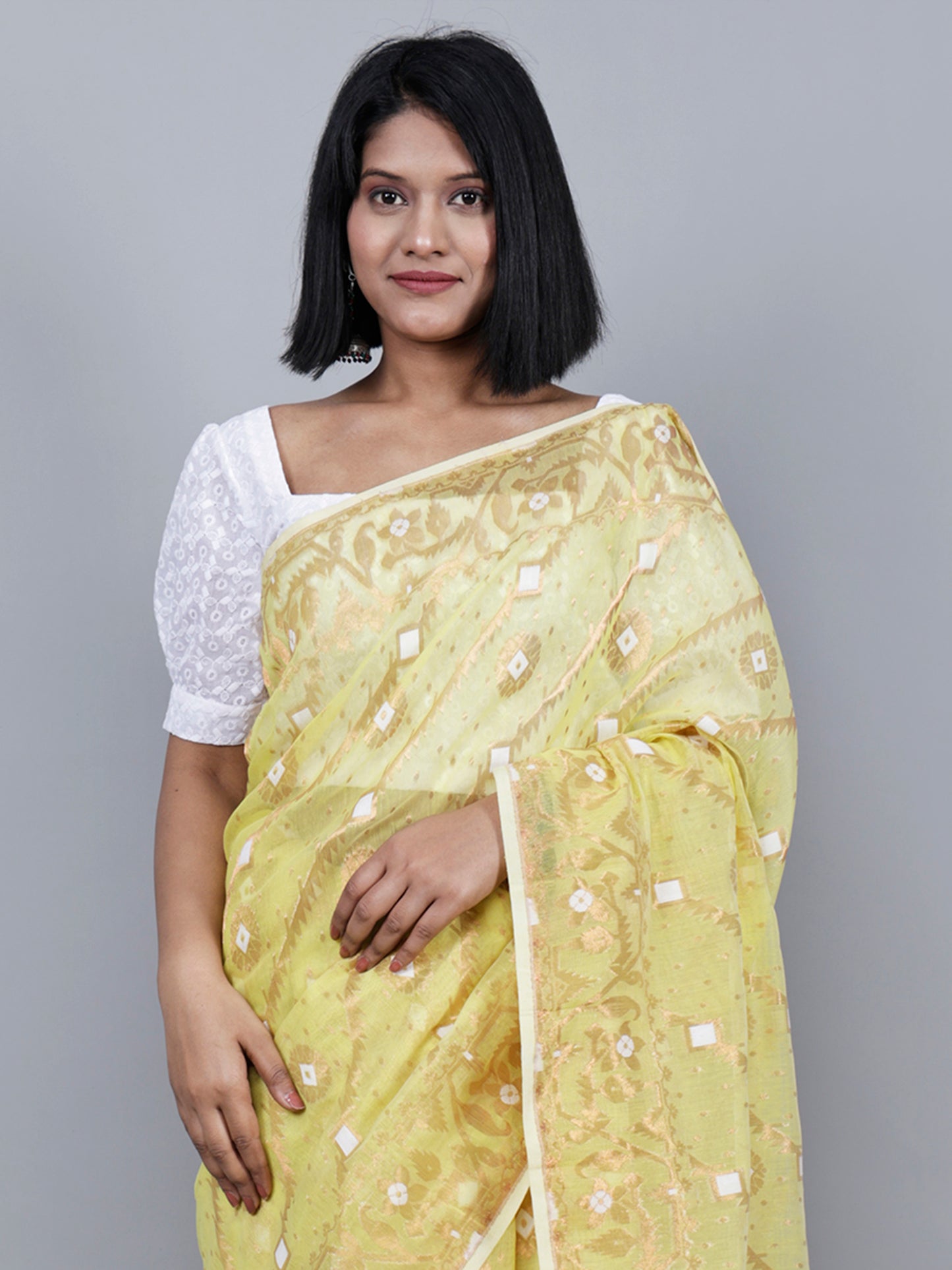 Lemon Yellow Bronze Soft Jamdani