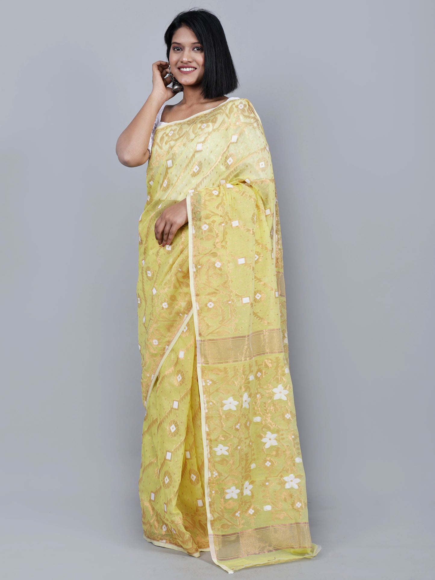 Lemon Yellow Bronze Soft Jamdani