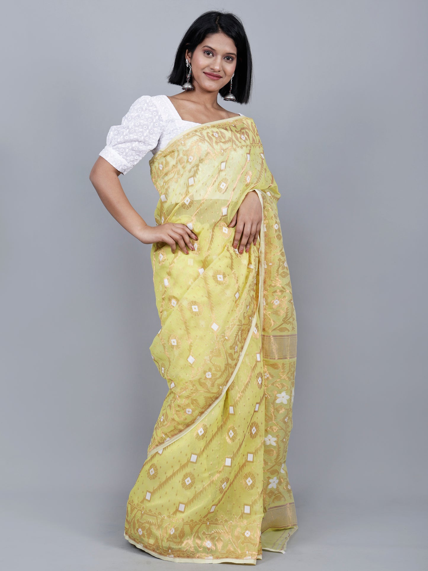 Lemon Yellow Bronze Soft Jamdani