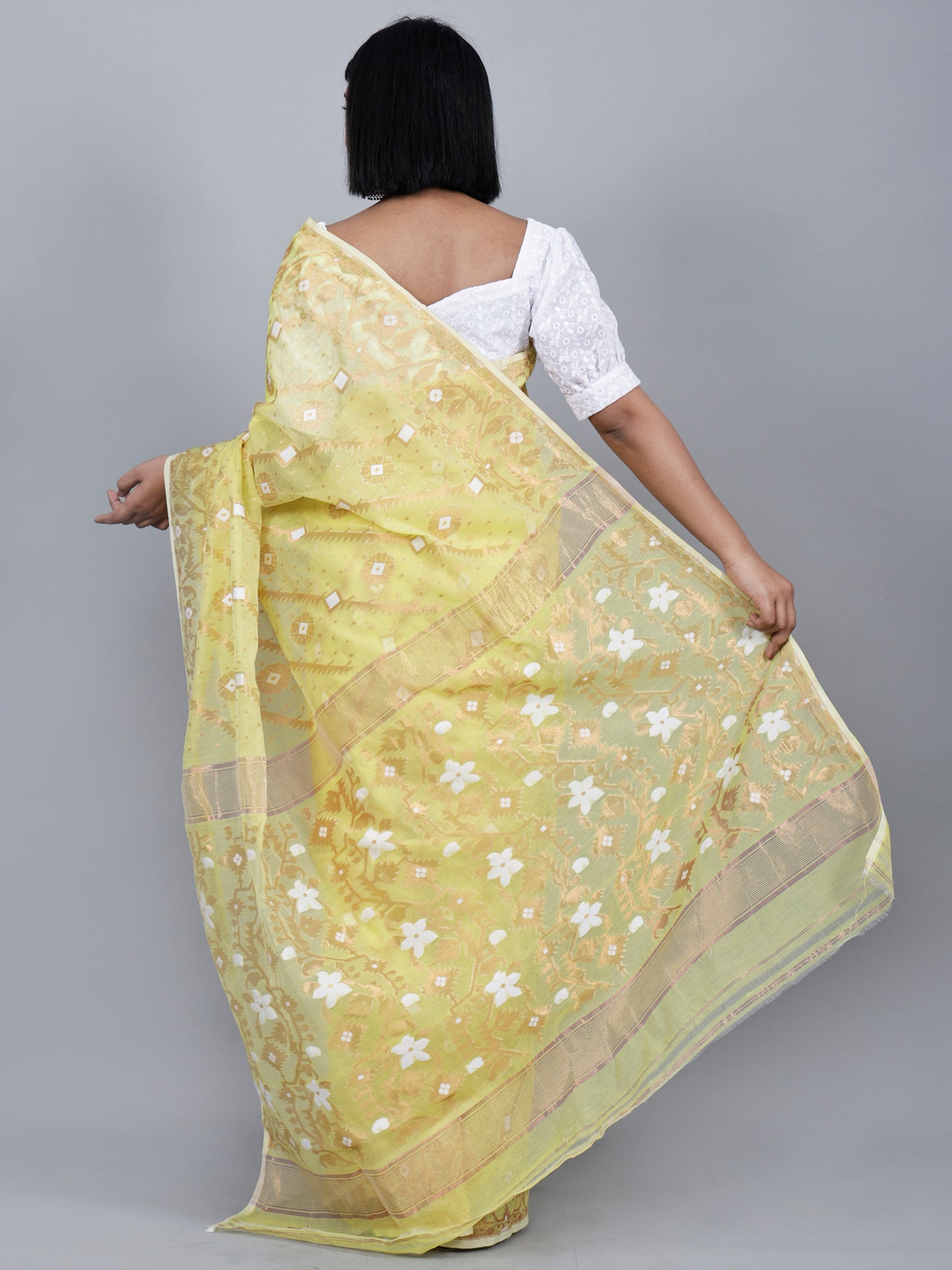 Lemon Yellow Bronze Soft Jamdani