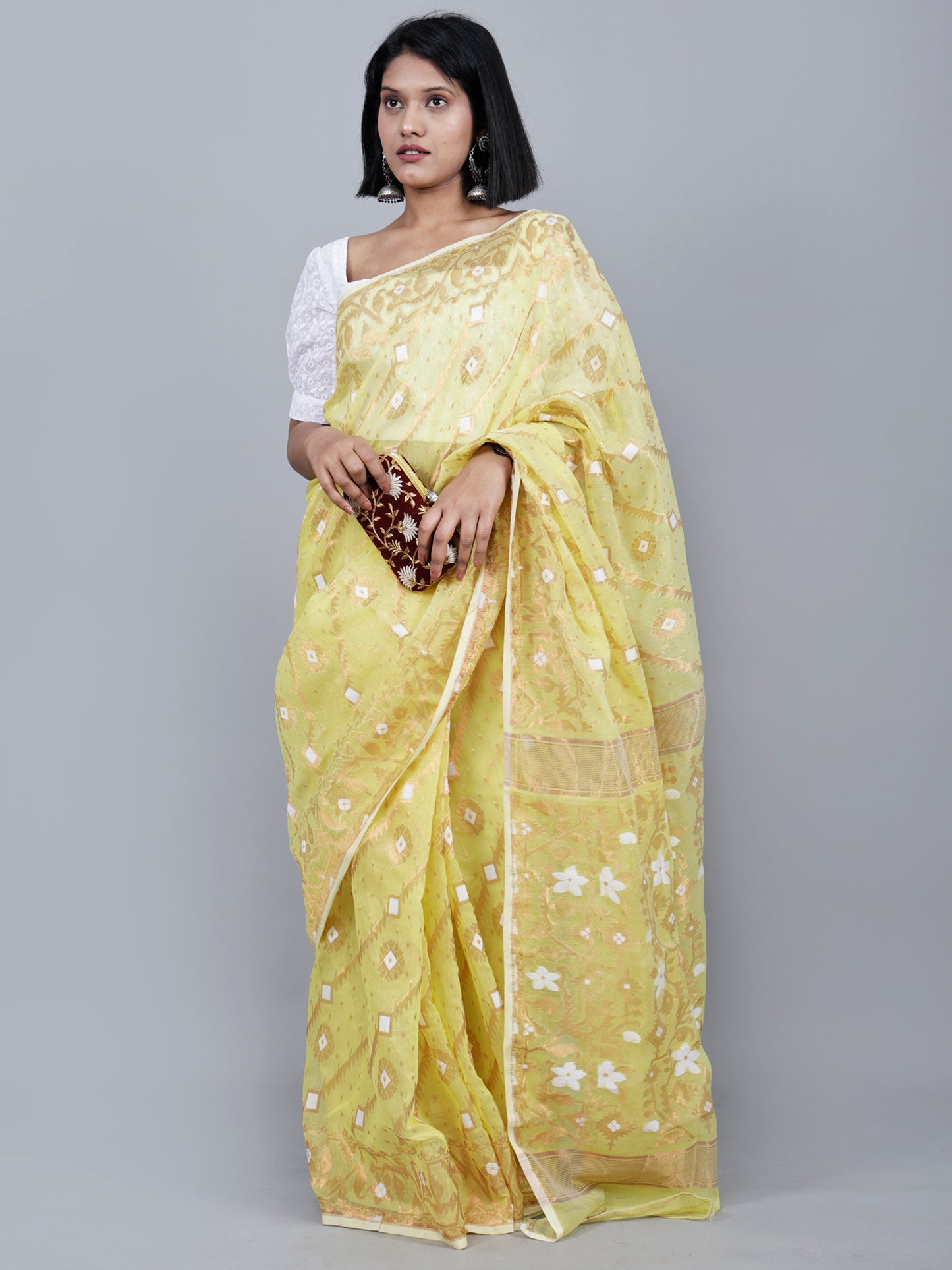 Lemon Yellow Bronze Soft Jamdani