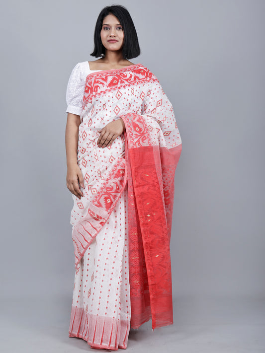 White And Red jamdani Saree