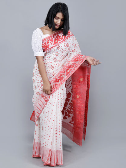 White And Red jamdani Saree