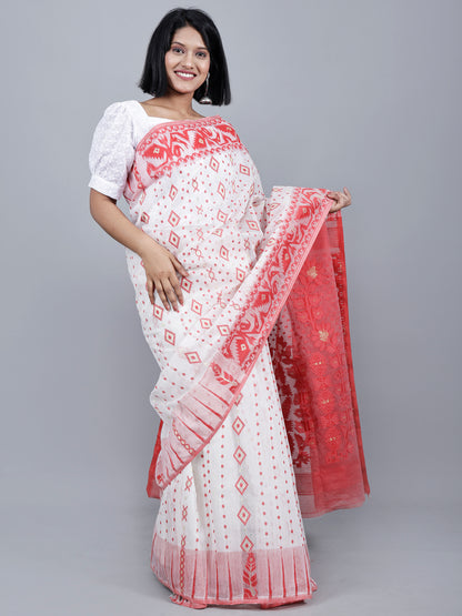 White And Red jamdani Saree