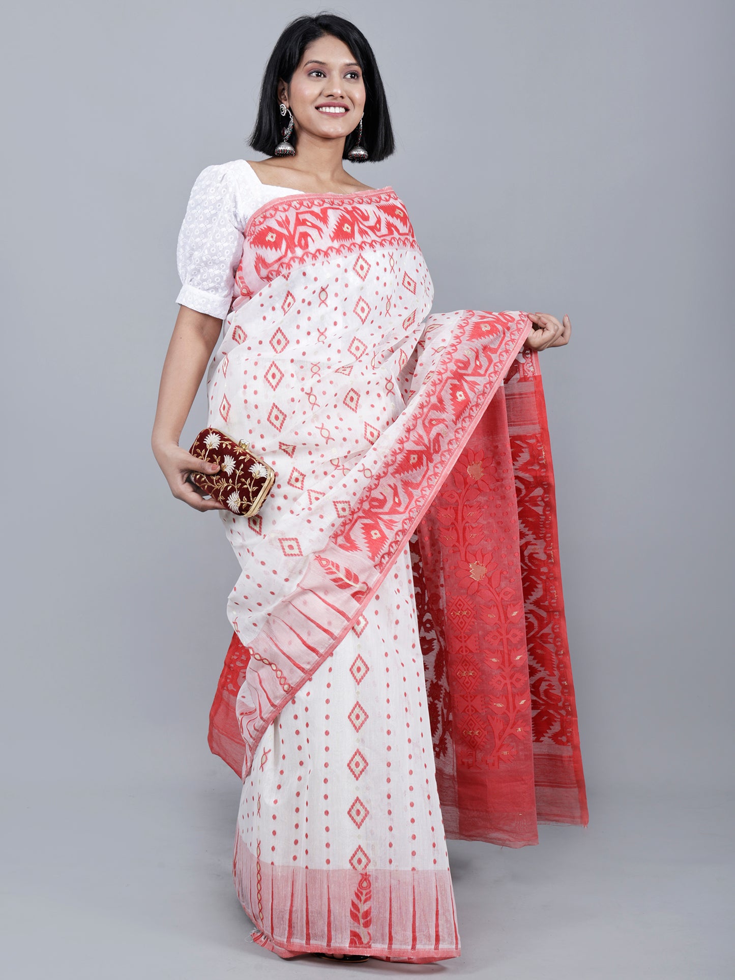 White And Red jamdani Saree