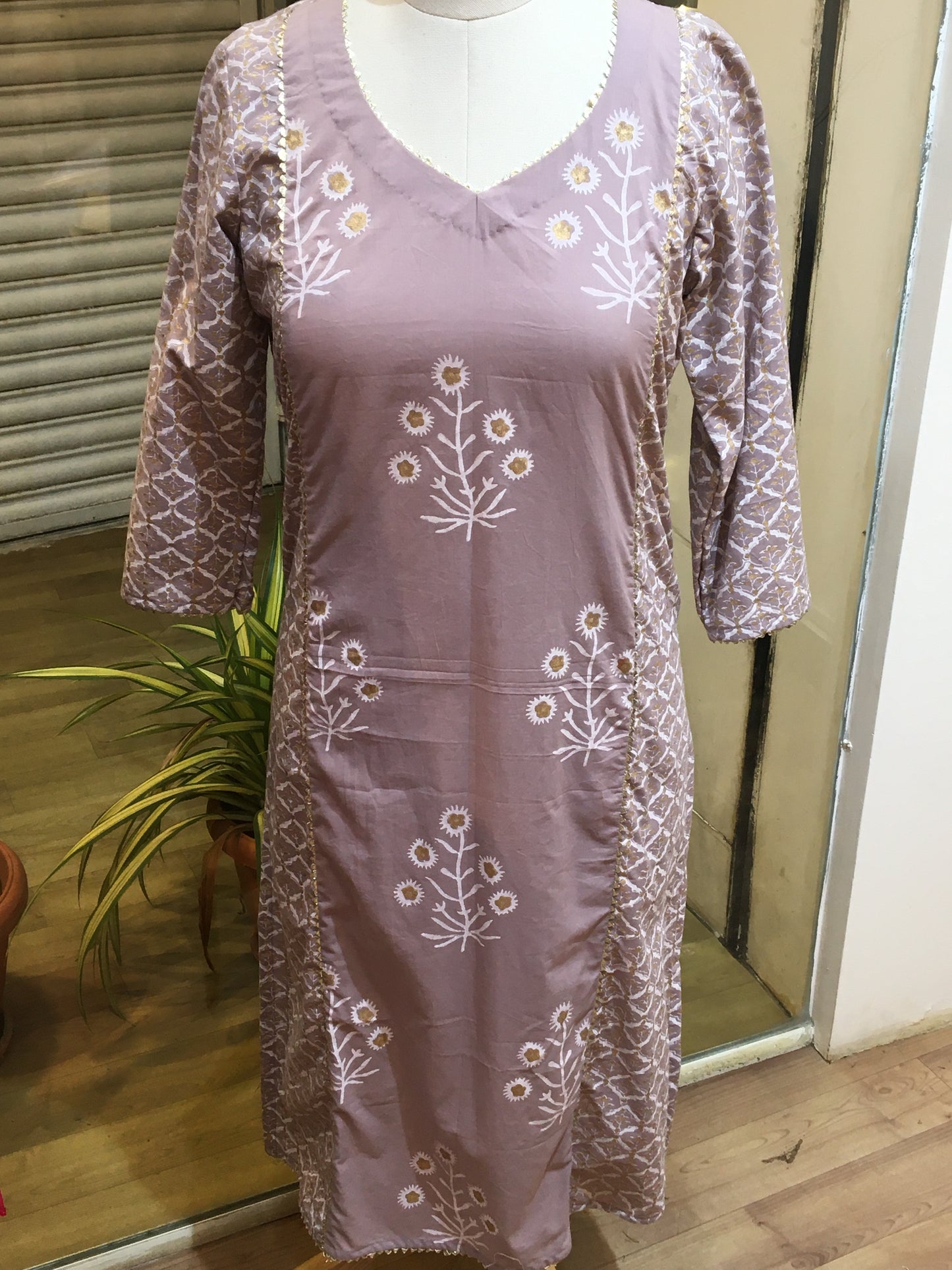beige printed cotton kurta
