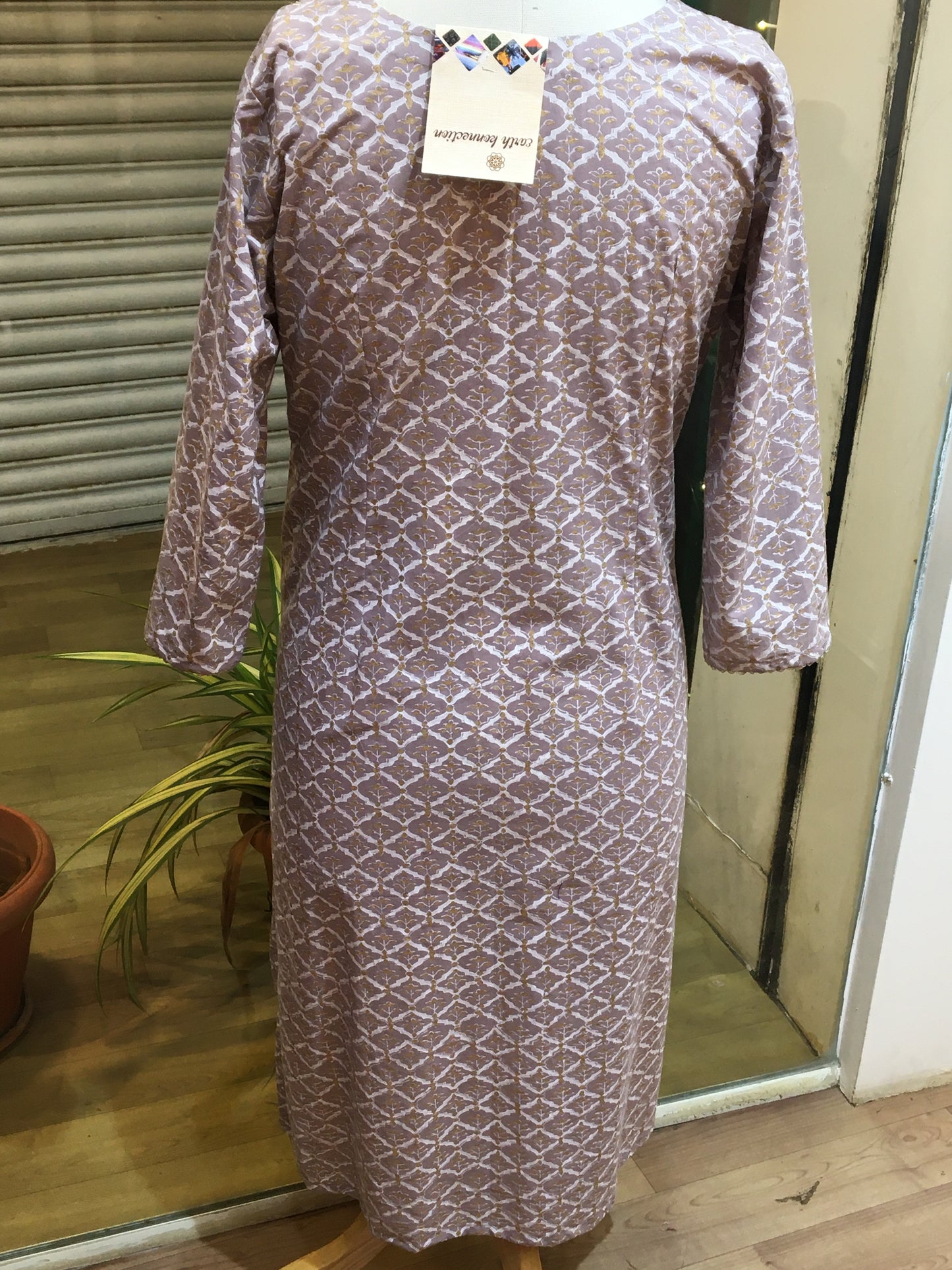 beige printed cotton kurta