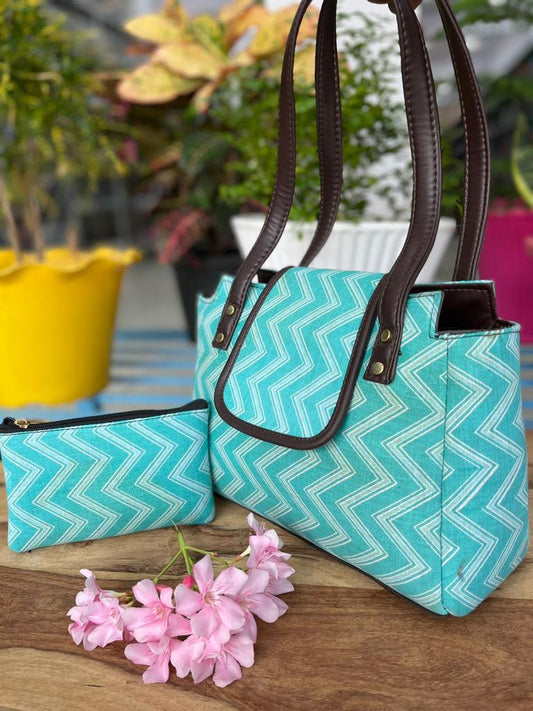 Block printed hand bag & clutch set