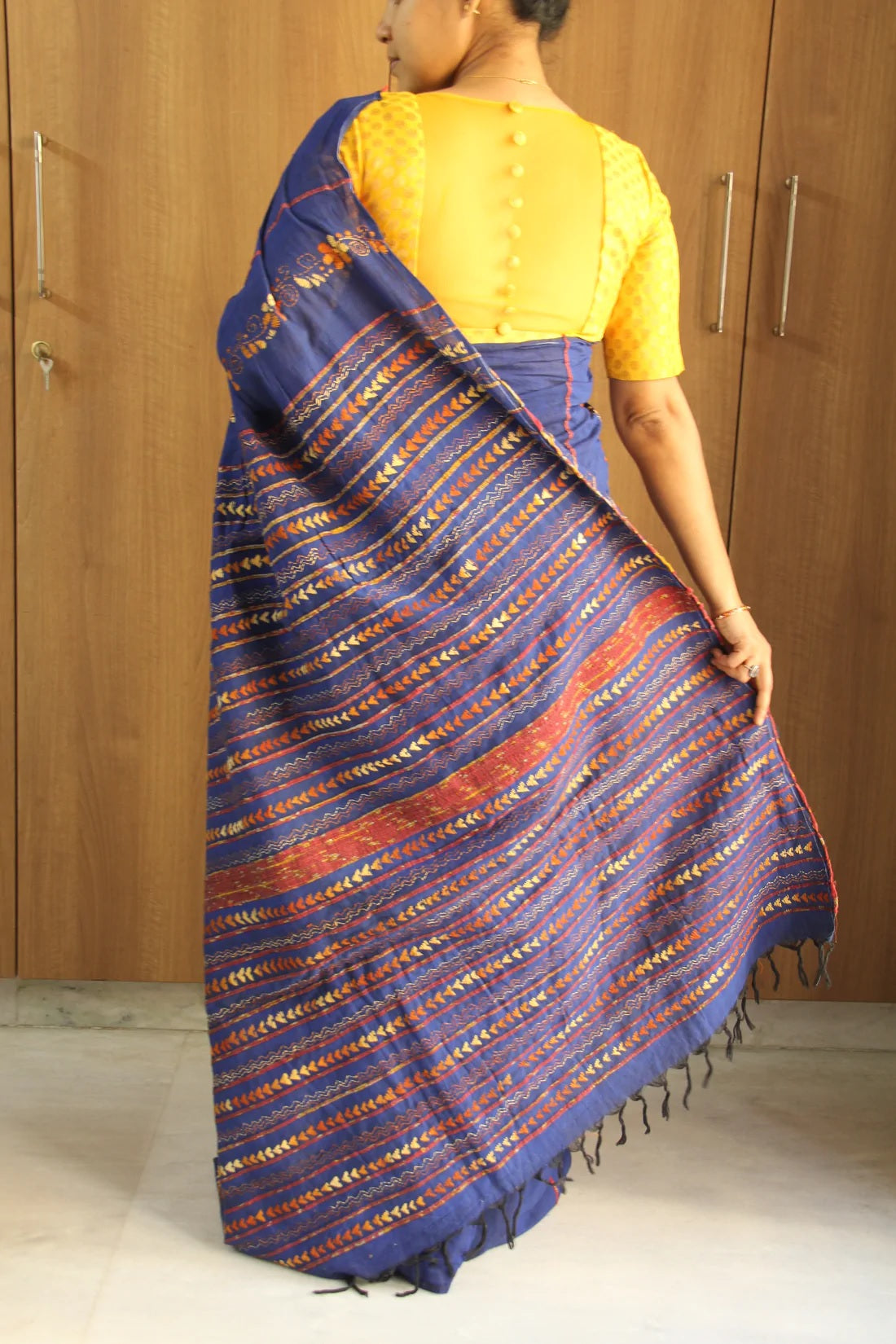 Royal Blue Kantha Embroidered Khesh Saree