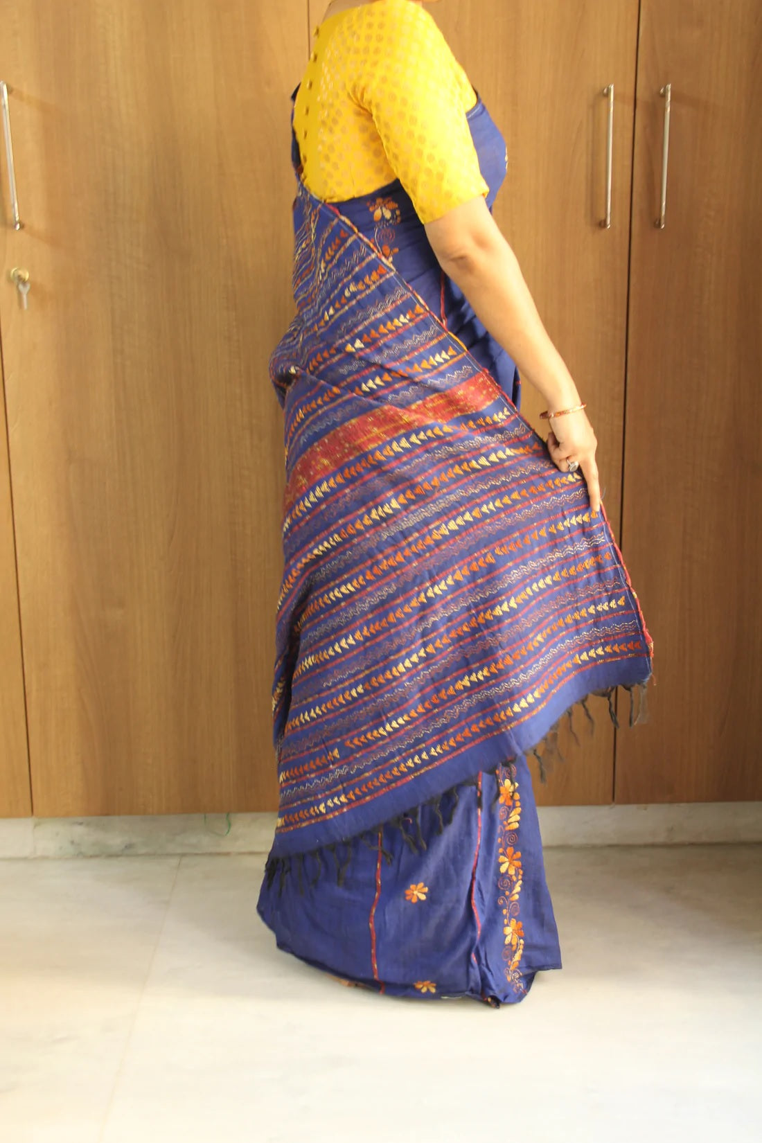 Royal Blue Kantha Embroidered Khesh Saree