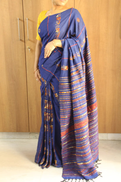 Royal Blue Kantha Embroidered Khesh Saree