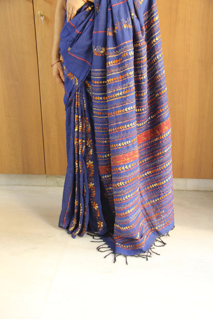 Royal Blue Kantha Embroidered Khesh Saree