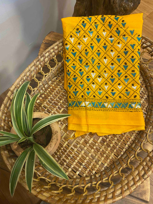 yellow Kantha embroidered unstitched Blouse material